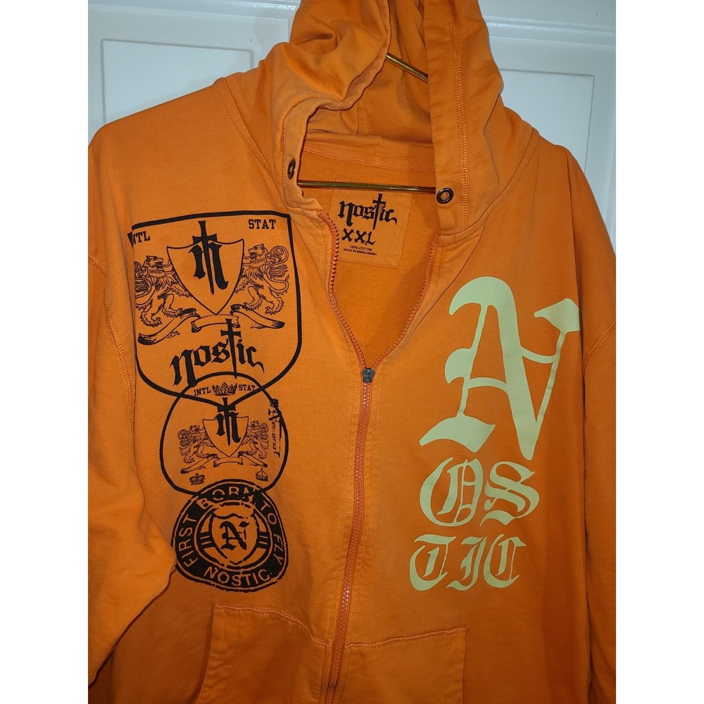 Men's Industrial Orange Streetwear NOSTIC Hoodie (Size 2XL) Graphic Front & Back